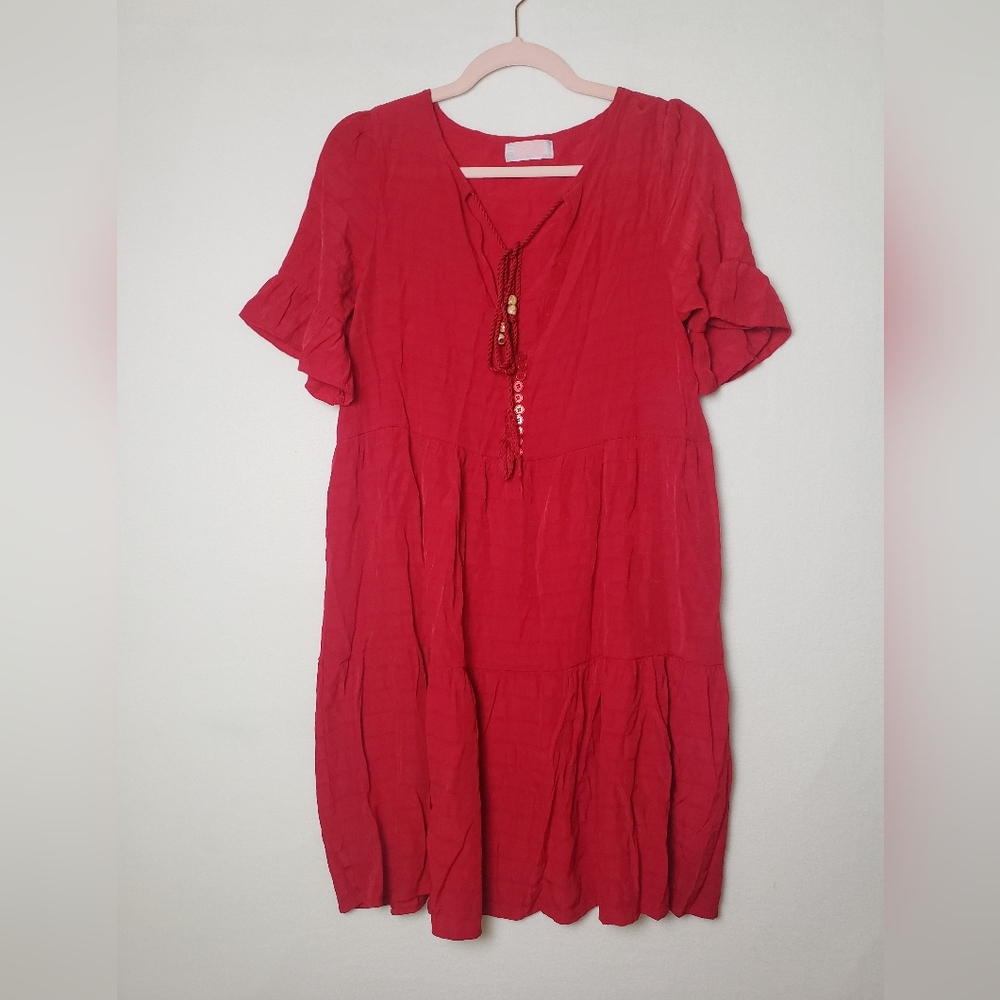 C+D+M Red Boho Dress with Tassel Detail, Flowy Lightweight Feminine